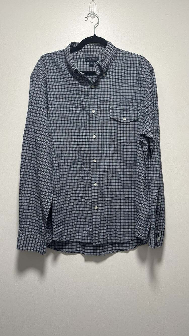 Lands' End Men's Non-Iron Twill Blue/White Check L Traditional Fit Button-Down